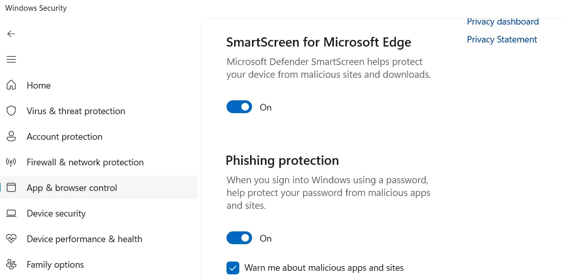 Cài đặt bảo vệ chống lừa đảo (Phishing protection) trong ứng dụng Bảo mật Windows