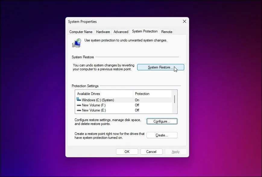 Cài đặt Bảo vệ Hệ thống trong thuộc tính hệ thống của Windows
