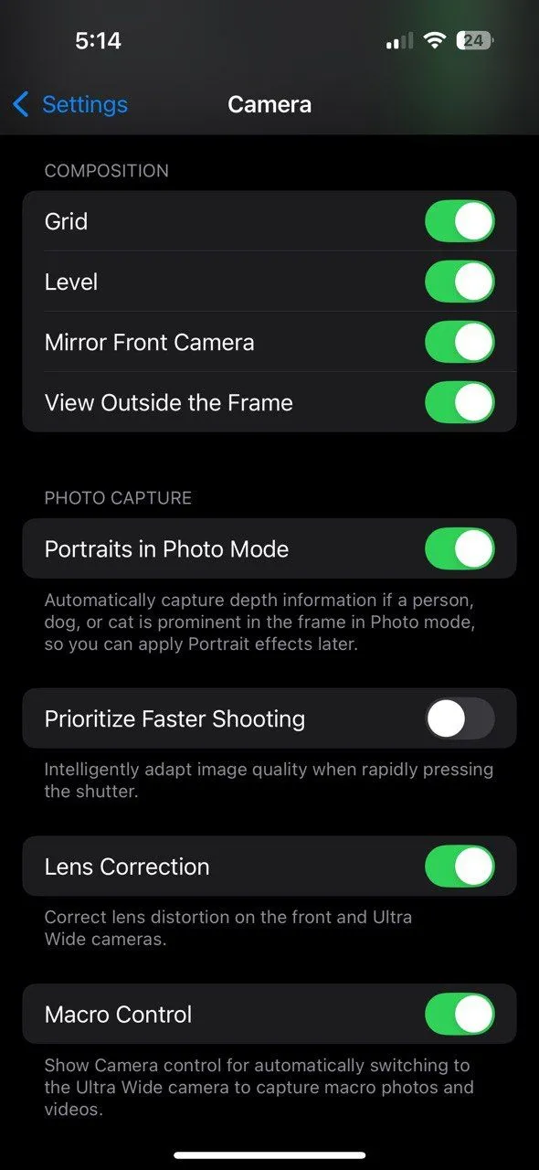 Cài đặt Camera iPhone: Tắt Ưu tiên chụp nhanh hơn để cải thiện ảnh chụp đêm