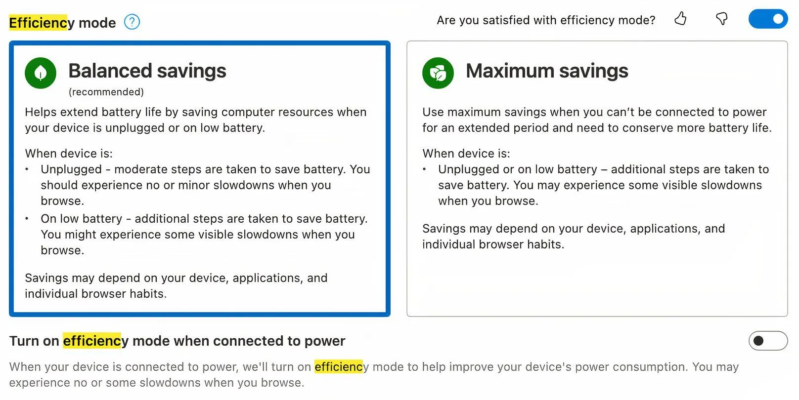 Cài đặt chế độ hiệu suất (Efficiency mode) trong trình duyệt Microsoft Edge, cho phép người dùng lựa chọn mức độ tiết kiệm pin