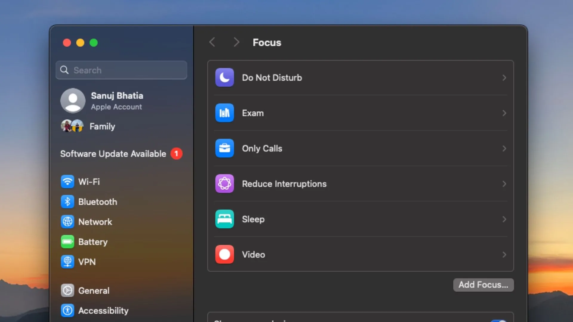 Cài đặt Chế độ Tập trung (Focus Mode) trên macOS, cho phép tùy chỉnh thông báo và hiệu suất làm việc
