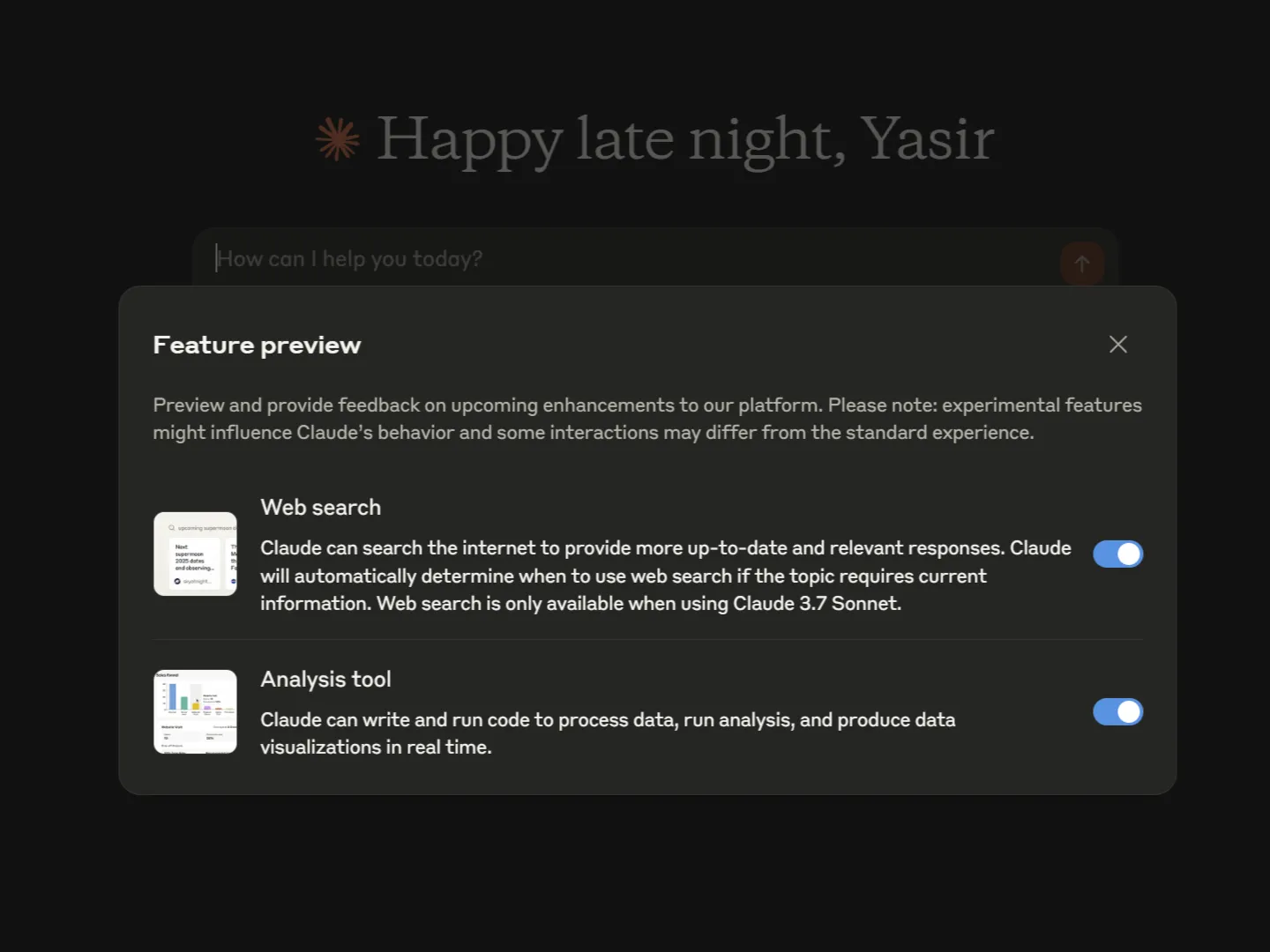 Cài đặt công cụ phân tích dữ liệu (Analysis Tool) của Claude AI được bật trong mục Feature Preview
