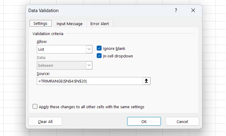 Cài đặt Data Validation trong Excel minh họa cách chèn hàm TRIMRANGE vào trường Nguồn để tối ưu danh sách.