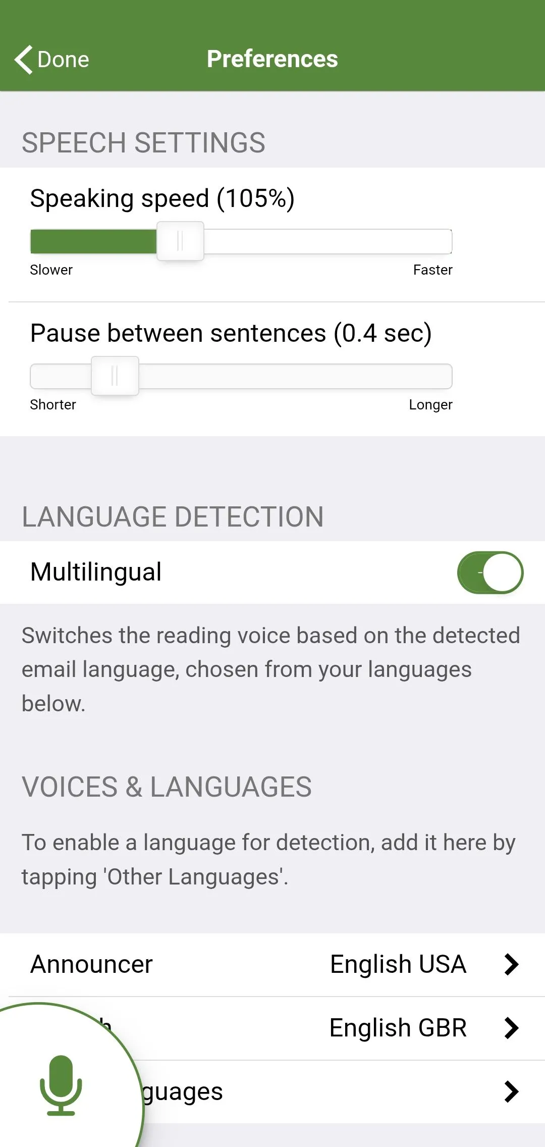 Cài đặt điều chỉnh giọng đọc và tốc độ trong Speaking Email với các thanh trượt tùy chỉnh.