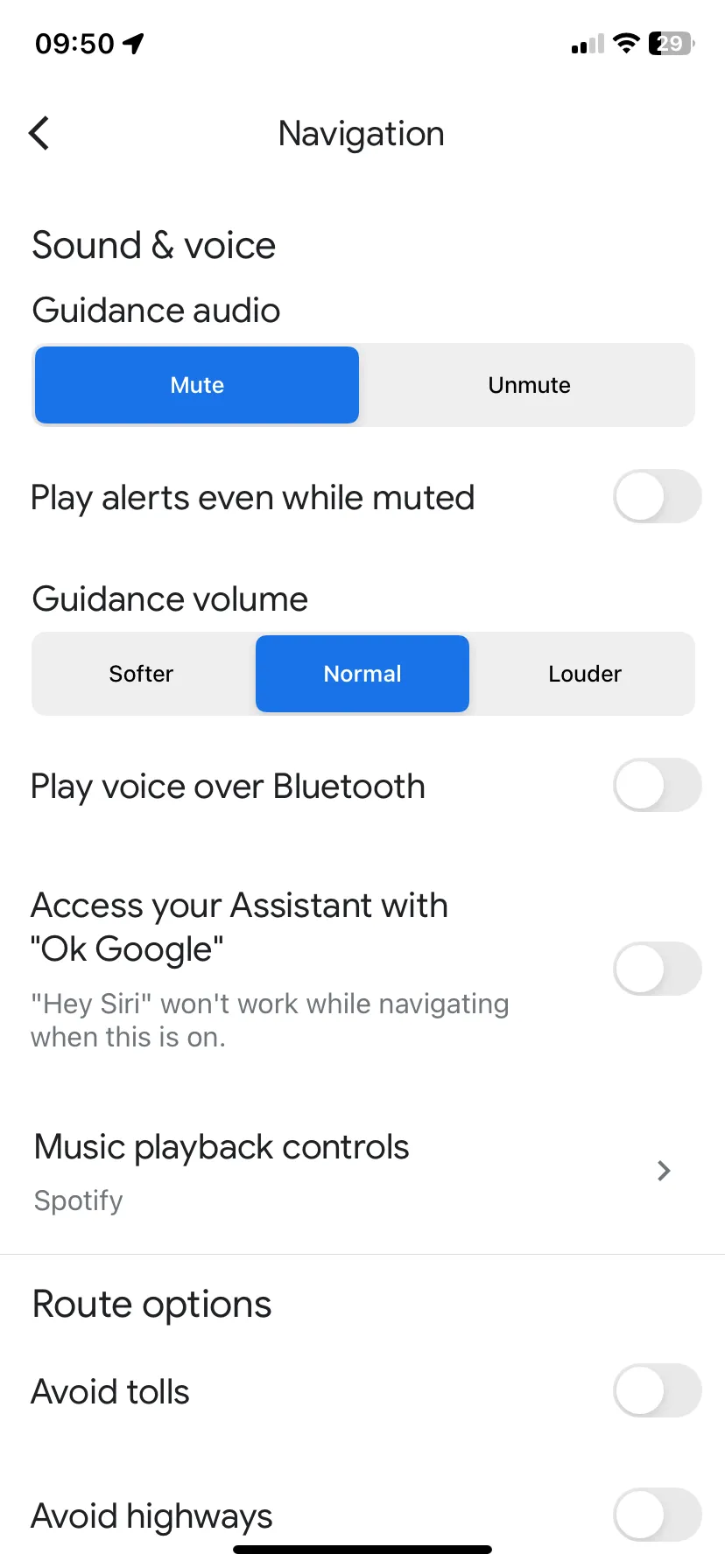 Cài đặt Điều hướng trong Google Maps trên iOS, hiển thị tùy chọn Điều khiển phát nhạc
