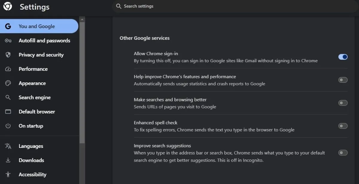 Cài đặt đồng bộ và dịch vụ Google trong Chrome