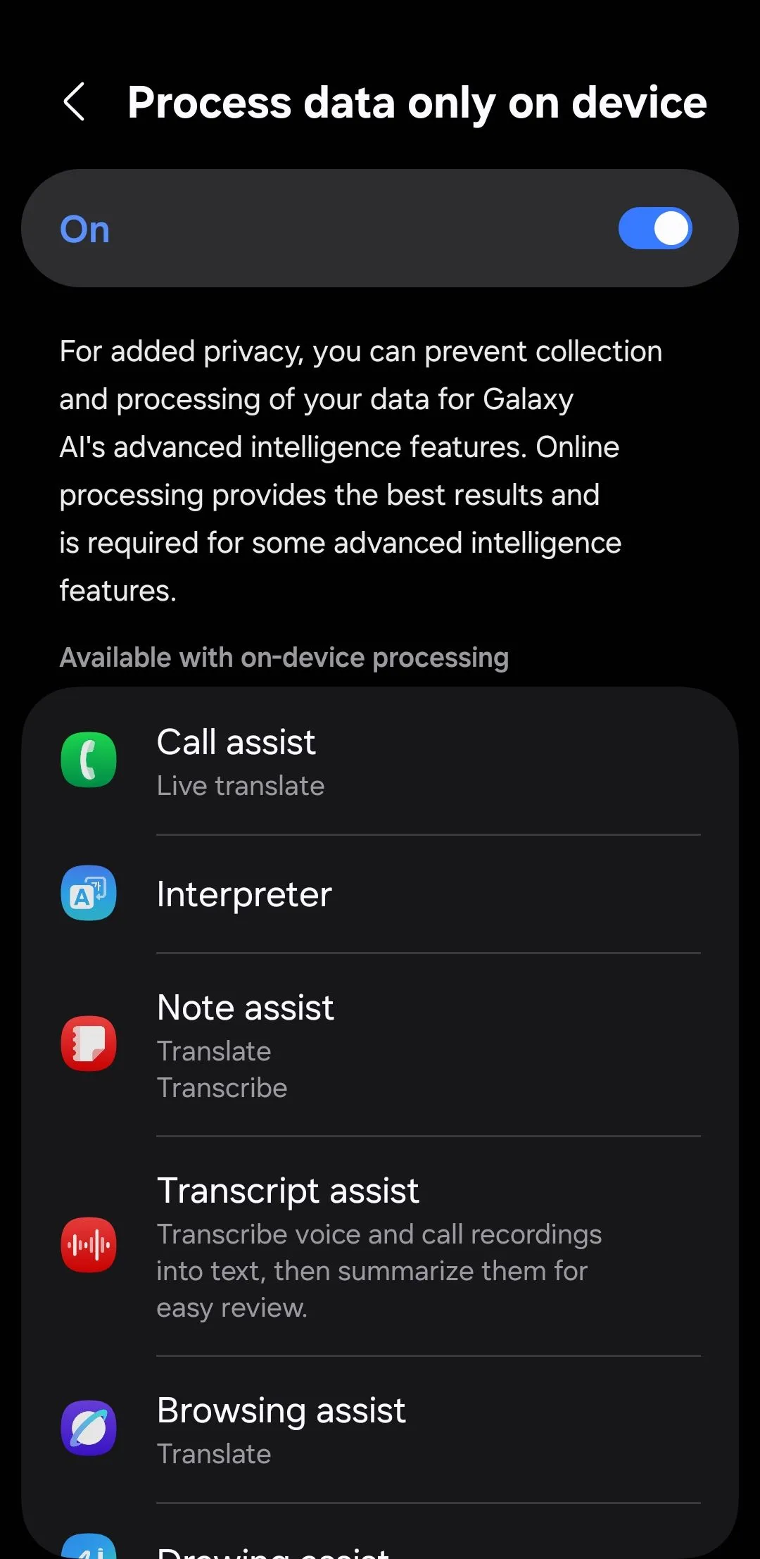 Cài đặt Galaxy AI trên điện thoại Samsung, tùy chọn 'Xử lý dữ liệu chỉ trên thiết bị' được bật để bảo vệ quyền riêng tư AI.