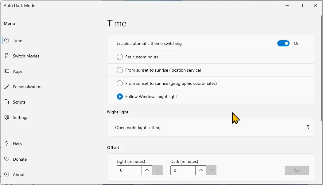 Cài đặt giao diện Auto Dark Mode trên Windows 11 cho phép lên lịch chuyển đổi chế độ sáng và tối.