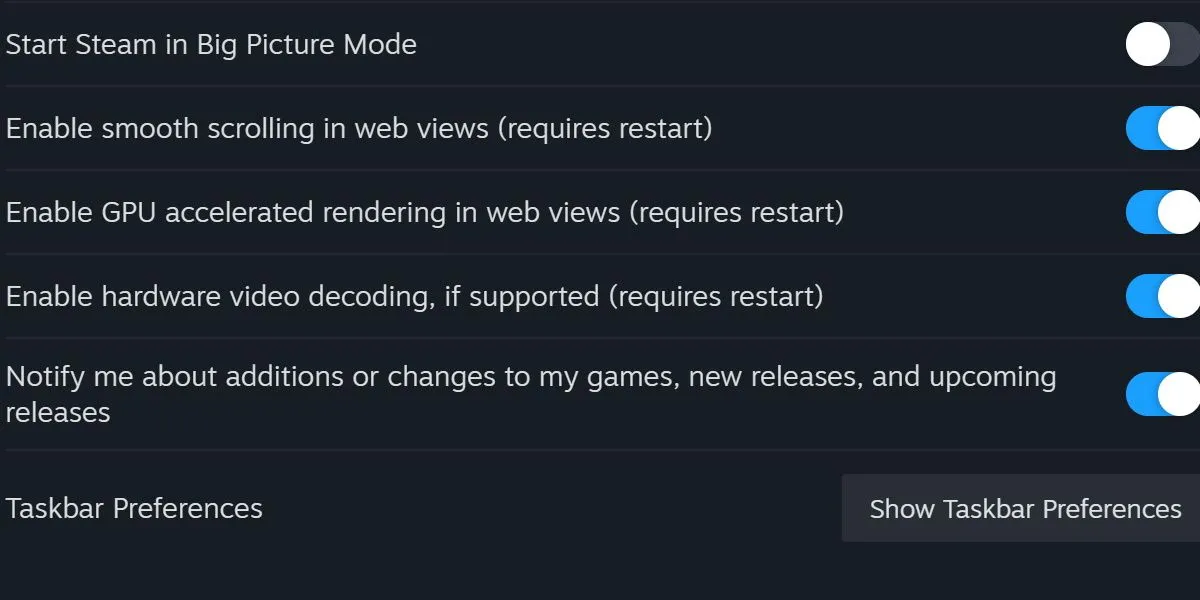 Cài đặt giao diện Steam hiển thị tùy chọn tắt tăng tốc GPU cho các trang web.