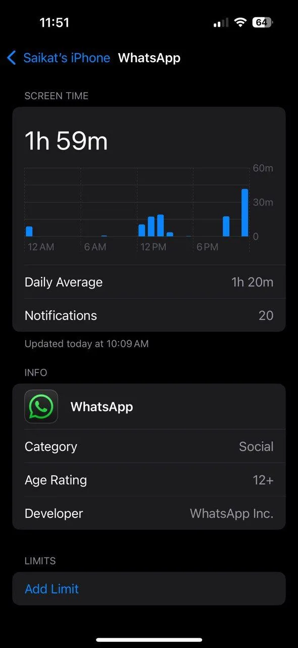 Cài đặt giới hạn ứng dụng WhatsApp trong Thời gian sử dụng iPhone