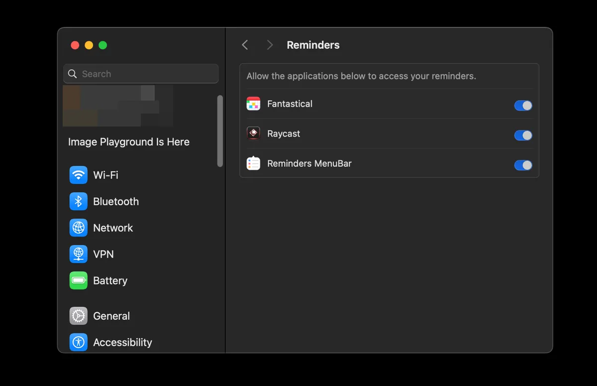 Cài đặt hệ thống macOS, hiển thị tùy chọn cấp quyền truy cập cho ứng dụng Reminders MenuBar để hiển thị lời nhắc trên thanh menu.