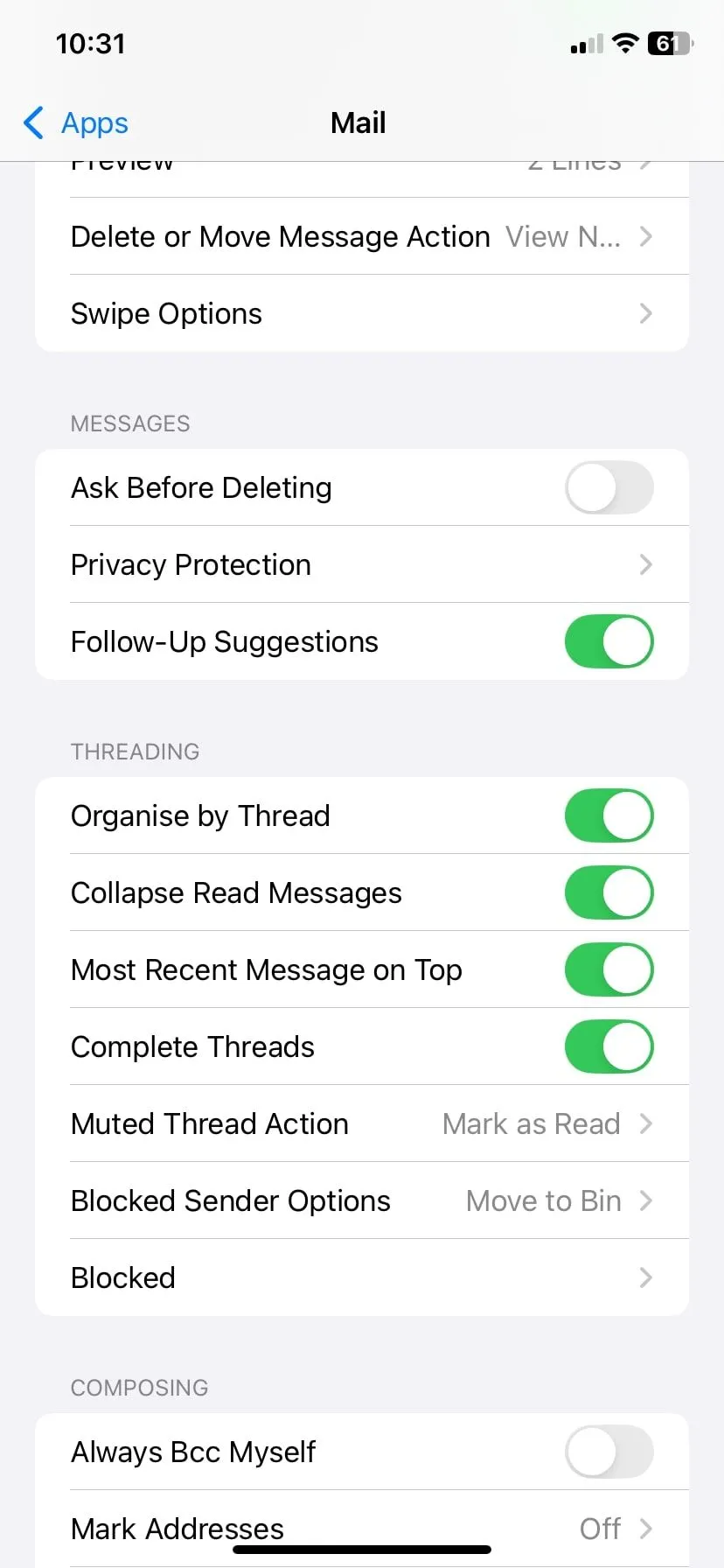 Cài đặt Mail của Apple trên iPhone hiển thị các tùy chọn bảo vệ quyền riêng tư