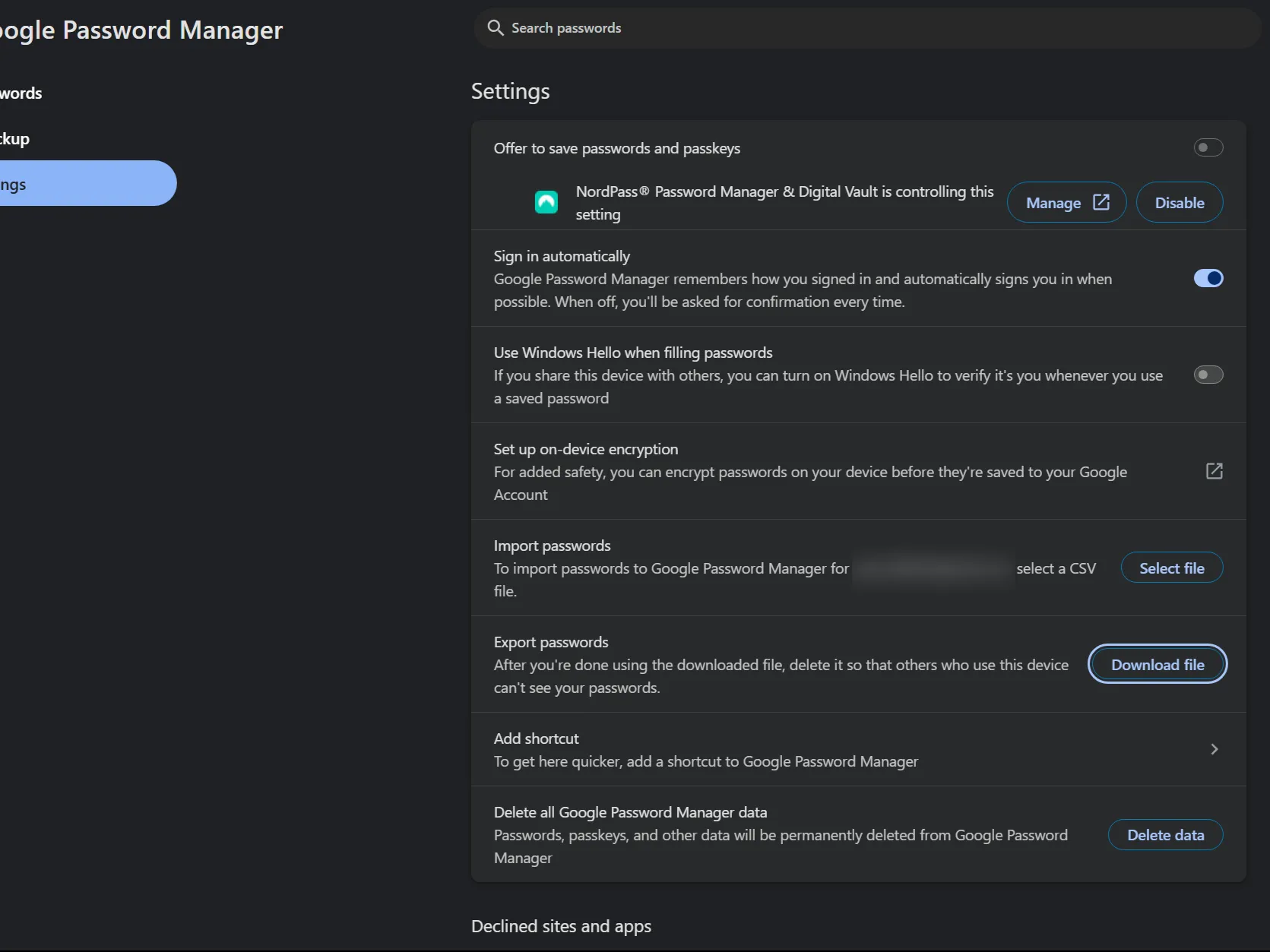 Cài đặt mật khẩu của Google Password Manager hiển thị tùy chọn xuất mật khẩu