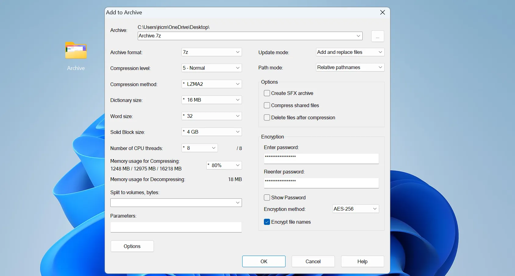 Cài đặt mật khẩu và tùy chọn mã hóa tên file trong 7-Zip để bảo mật dữ liệu