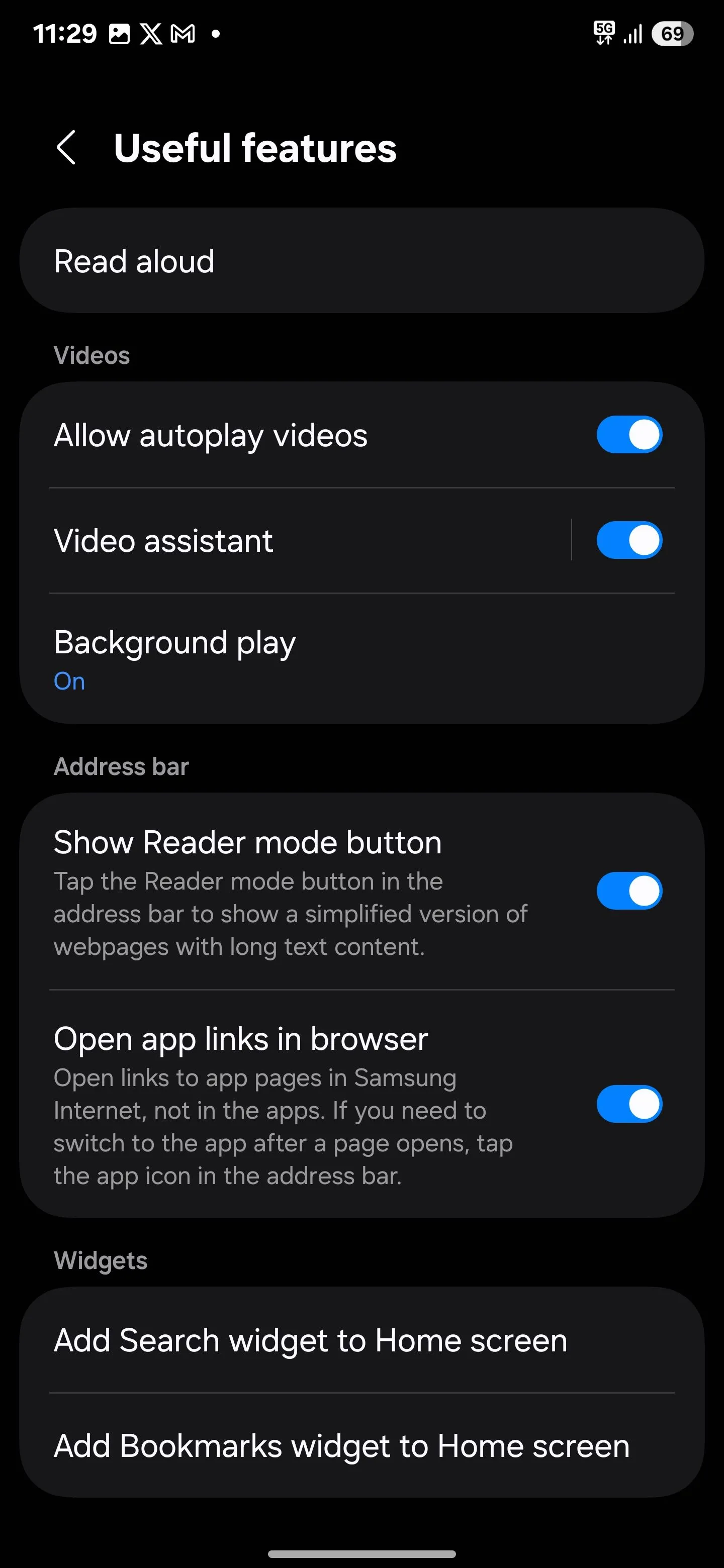 Cài đặt Phát nền (Background play) đã được bật trong trình duyệt Samsung Internet, cho phép nghe YouTube khi tắt màn hình.