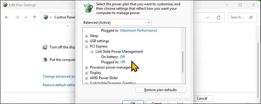 Cài đặt Quản lý Nguồn điện trạng thái liên kết PCI Express trong Tùy chọn Nguồn Windows 11