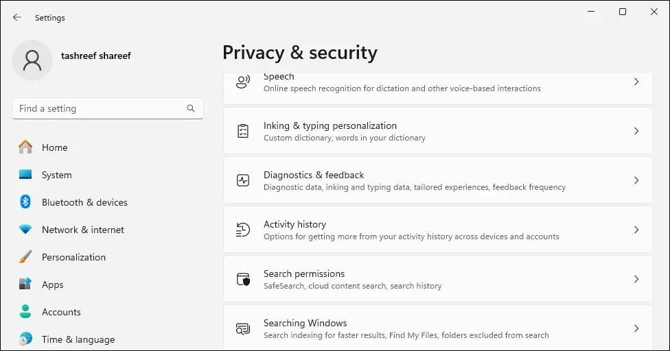 Cài đặt quyền riêng tư và bảo mật, chẩn đoán và phản hồi trên Windows 11