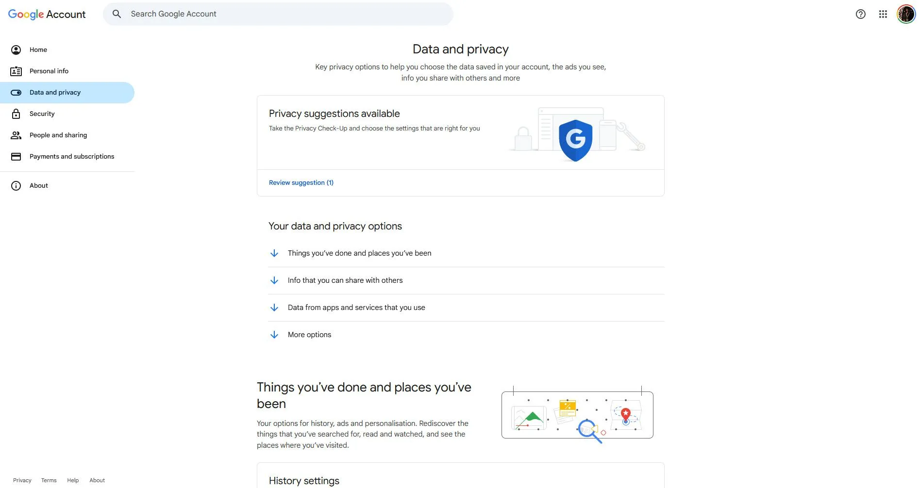 Cài đặt Quyền riêng tư và Dữ liệu trong tài khoản Google, hiển thị các tùy chọn quản lý thông tin cá nhân và hoạt động trực tuyến