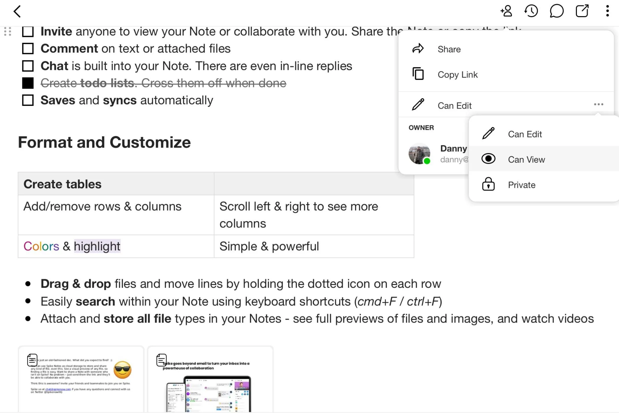 Cài đặt quyền truy cập và cộng tác trên tài liệu trong Spike, tương tự Google Docs.