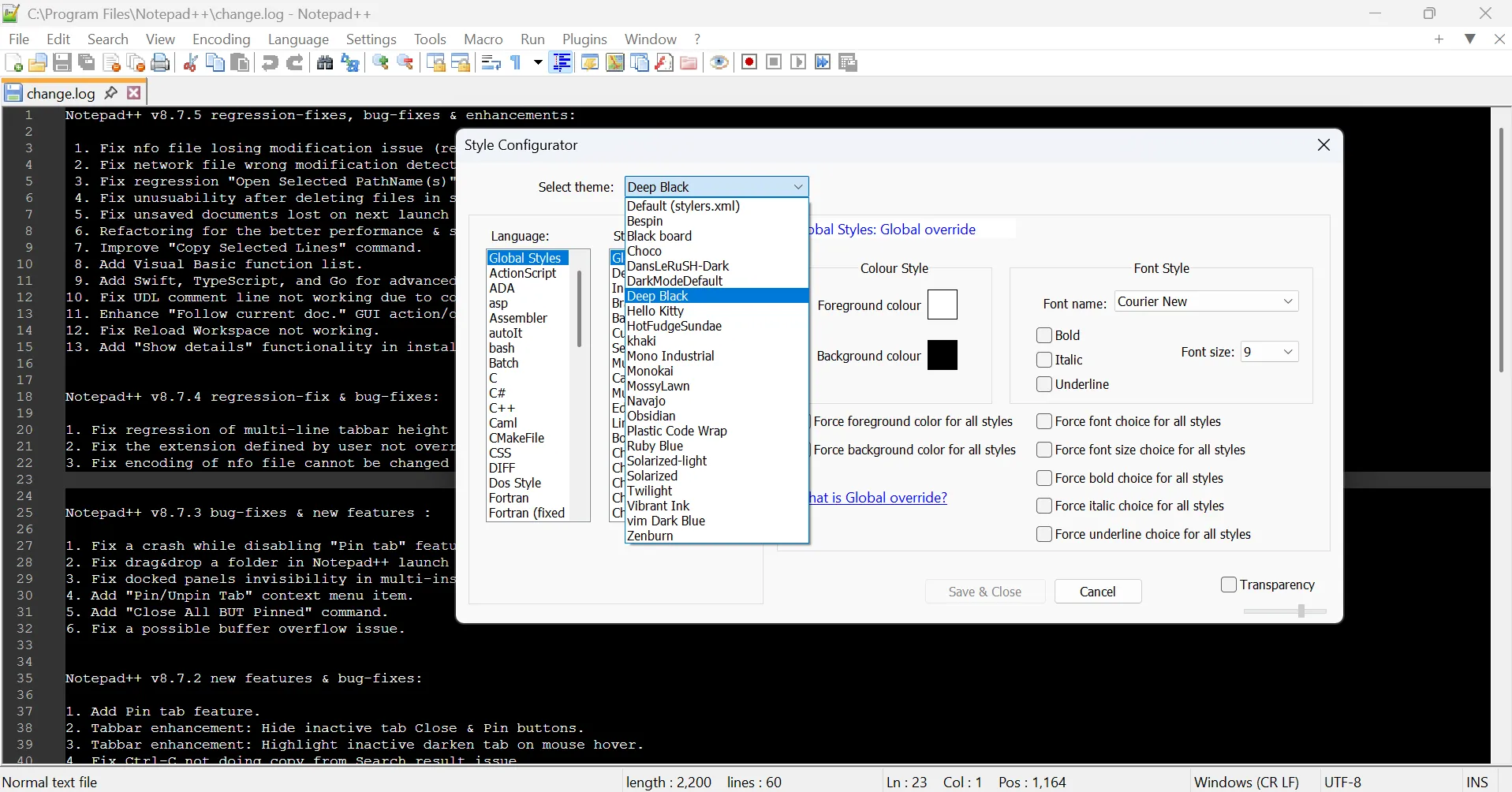 Cài đặt Style Configurator của Notepad++ với chủ đề Deep Black đang được chọn