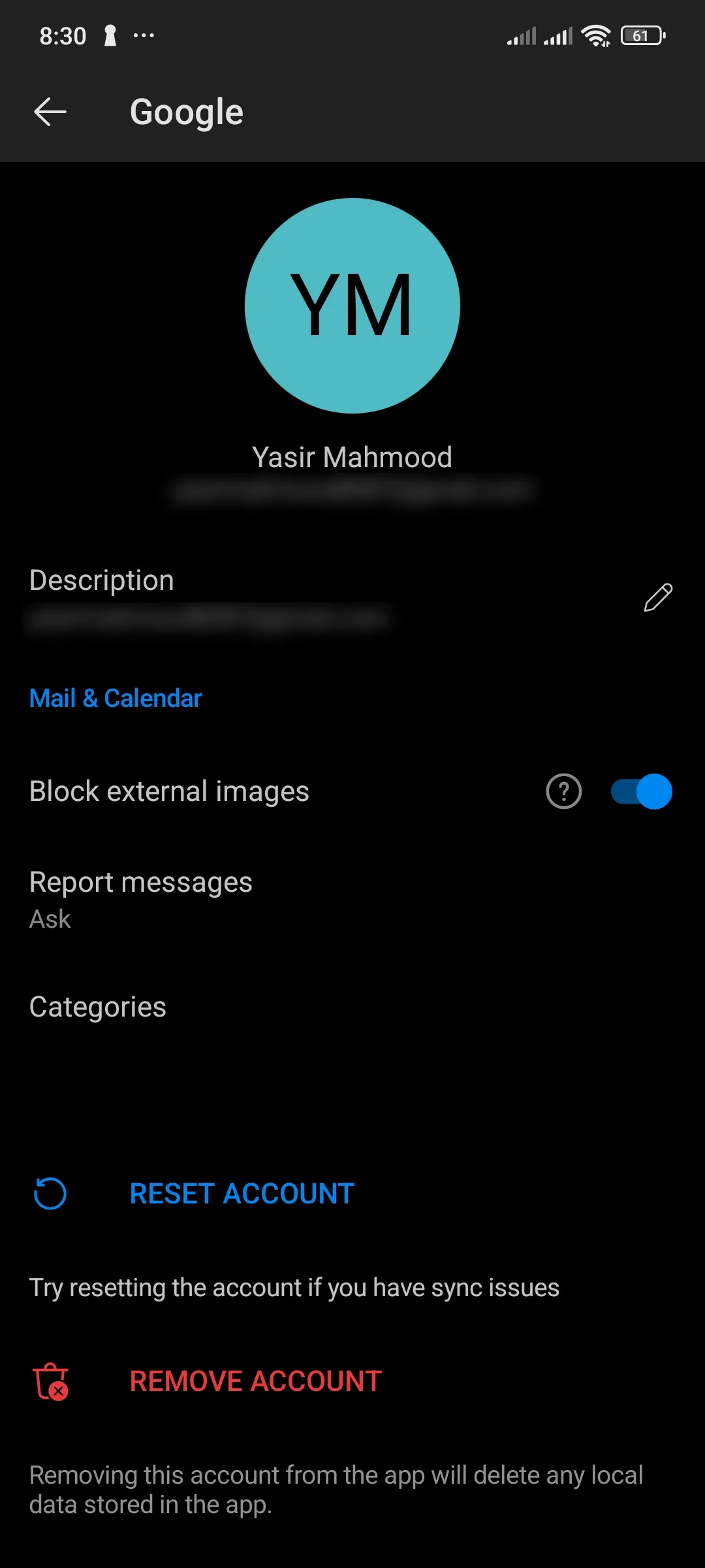 Cài đặt tài khoản Outlook trên ứng dụng Android với tùy chọn 'Chặn hình ảnh bên ngoài' đã được bật, giúp ngăn chặn pixel theo dõi.