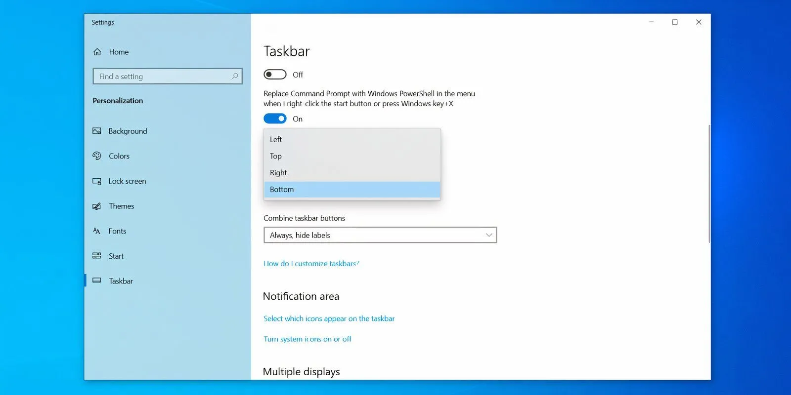 Cài đặt Taskbar trong Windows 10 với tùy chọn vị trí thanh tác vụ