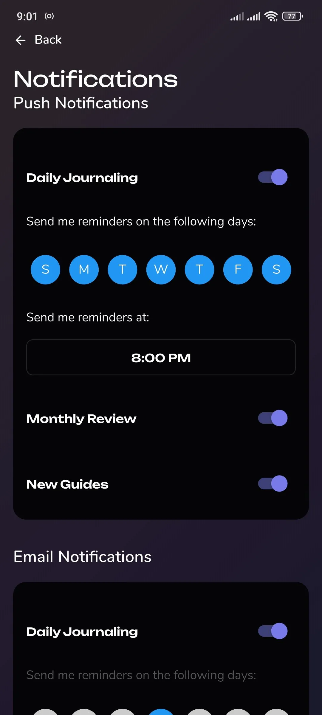 Cài đặt thông báo của Reflection.app, giúp người dùng tùy chỉnh nhắc nhở để duy trì thói quen ghi nhật ký