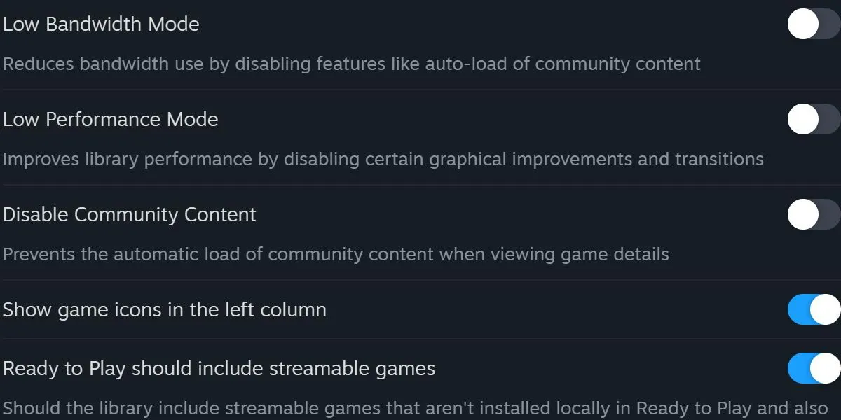 Cài đặt thư viện Steam với tùy chọn Chế độ hiệu suất thấp (Low Performance Mode) được bật.