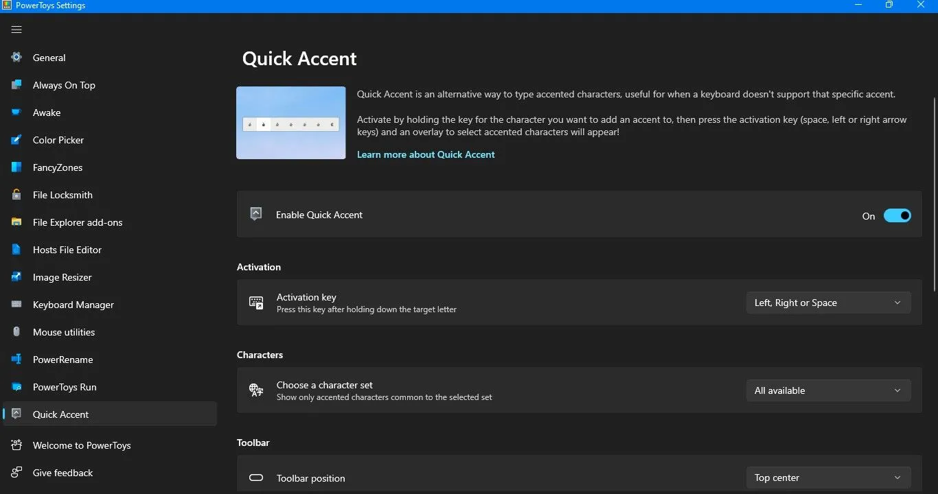 Cài đặt tính năng Quick Accent trong PowerToys, cho phép tùy chỉnh các ngôn ngữ gõ dấu.
