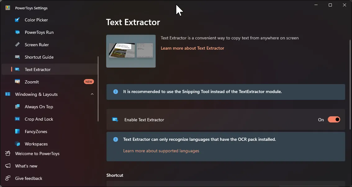 Cài đặt tính năng Text Extractor trong PowerToys, cho phép trích xuất văn bản từ hình ảnh.
