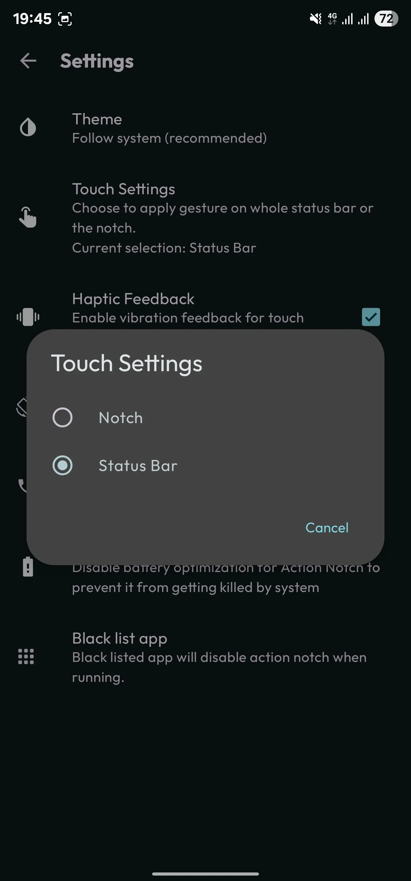 Cài đặt Touch Settings trong Action Notch, với tùy chọn Status Bar để mở rộng vùng tương tác