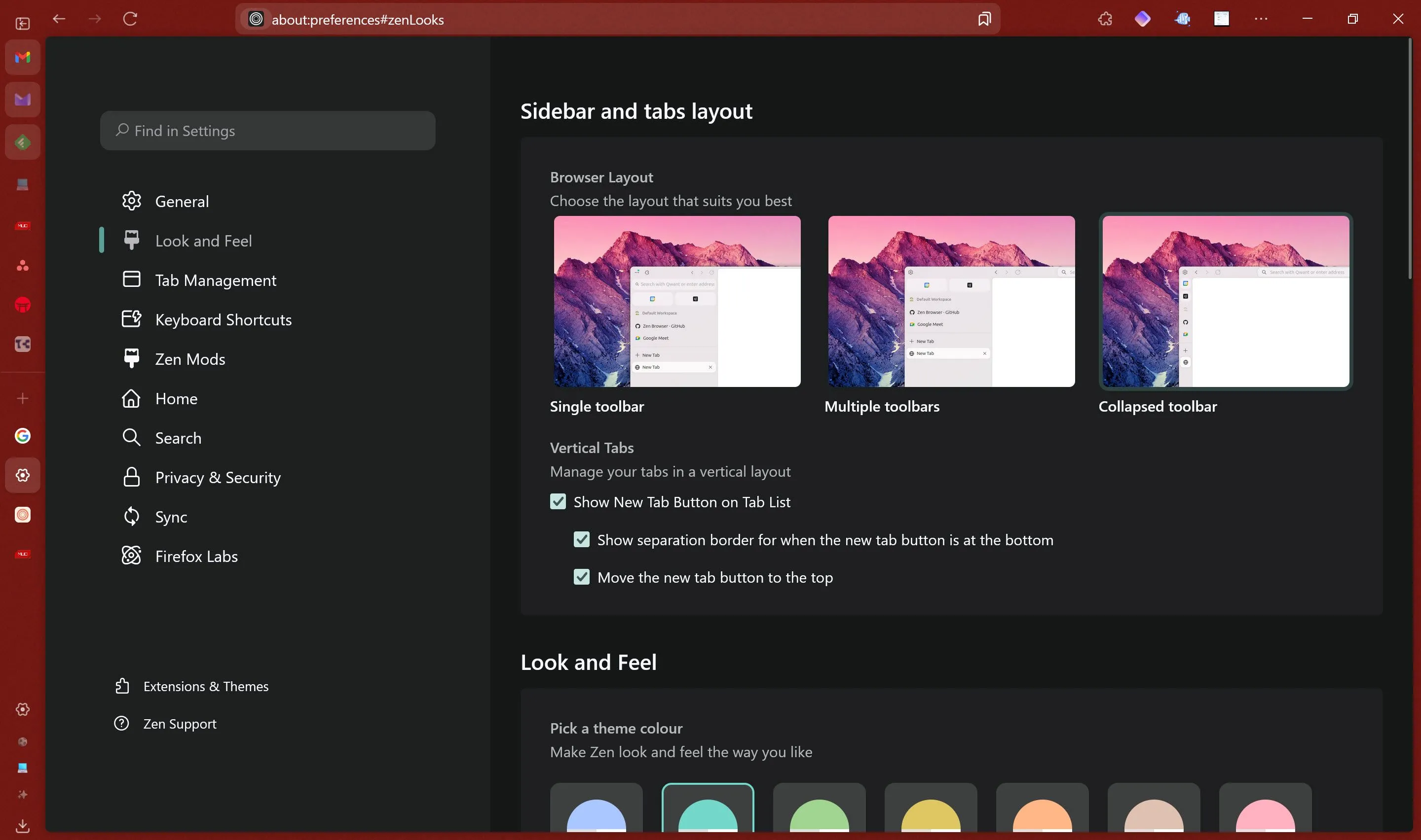 Cài đặt tùy chỉnh chi tiết của Zen Browser, cho phép người dùng cá nhân hóa mọi yếu tố giao diện và chức năng