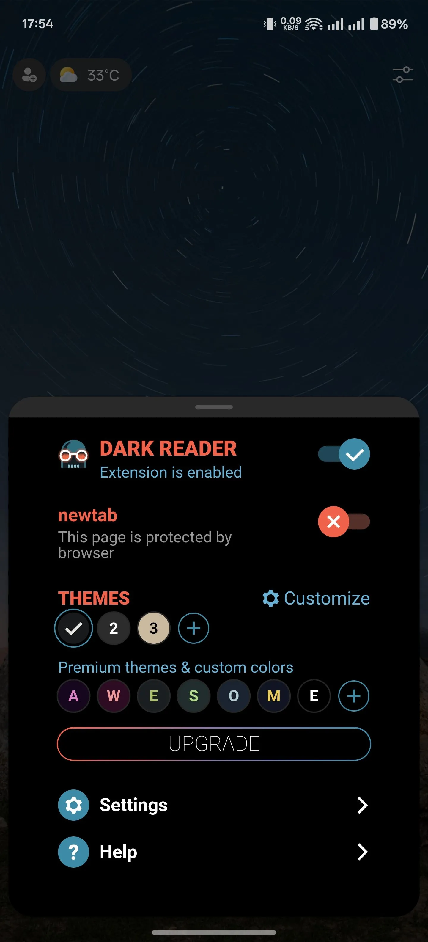 Cài đặt tùy chỉnh của tiện ích Dark Reader trên Microsoft Edge Android