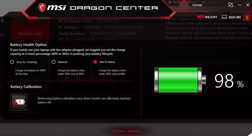 Cài đặt Tùy chọn Sức khỏe Pin (Battery Health Option) và chế độ Cân bằng (Balanced) trong ứng dụng MSI Dragon Center