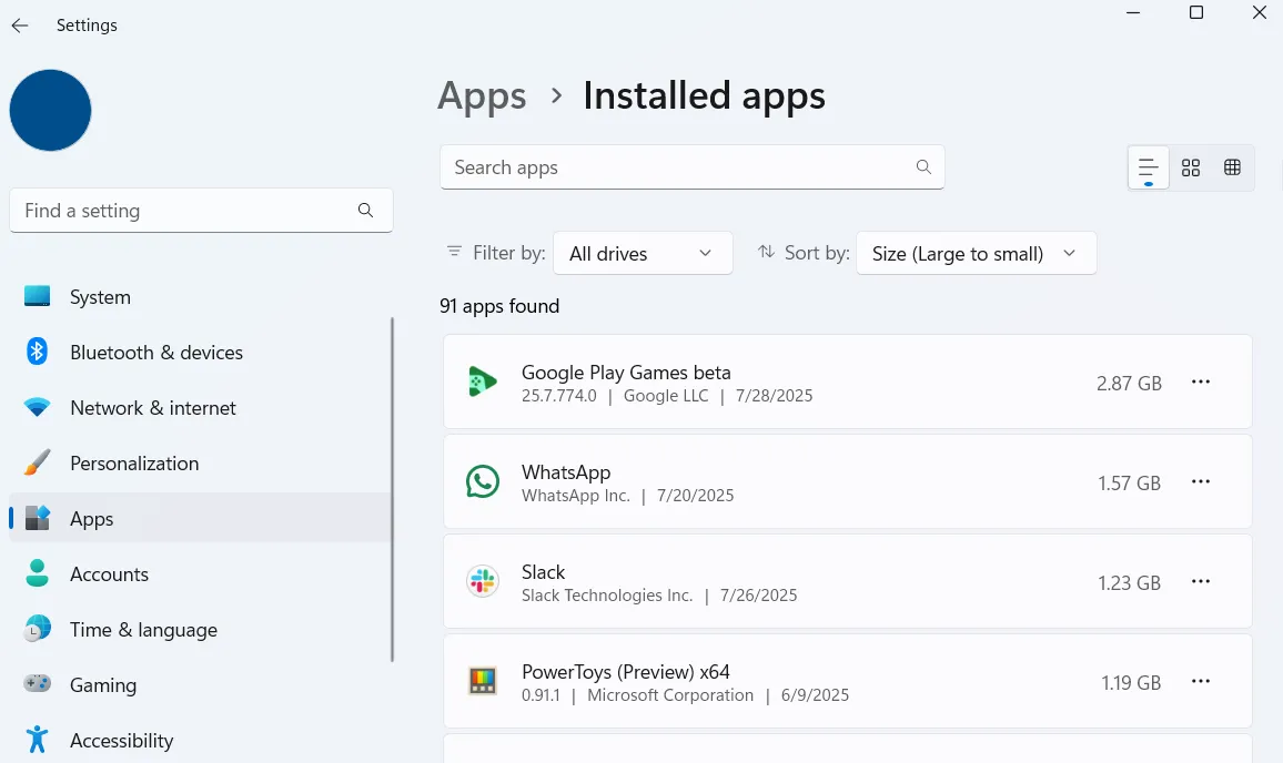 Cài đặt Windows 11 hiển thị danh sách ứng dụng đã cài đặt theo kích thước để gỡ bỏ