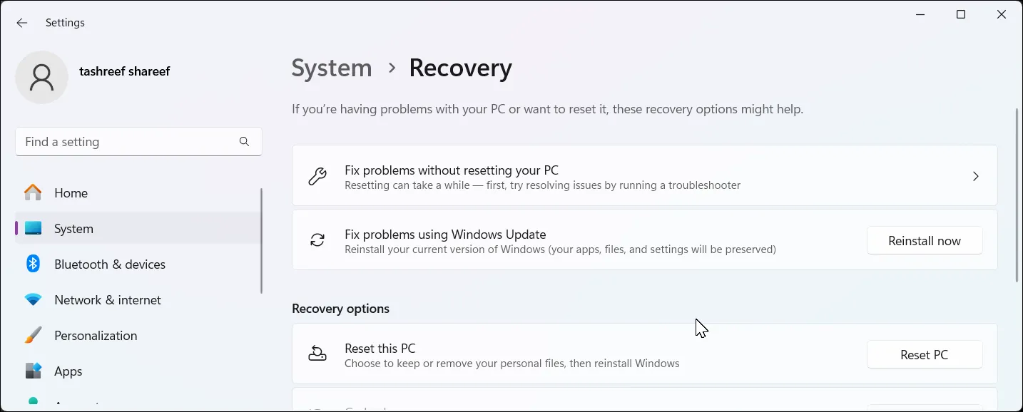 Cài đặt Windows 11 hiển thị tùy chọn &quot;Khắc phục sự cố bằng Windows Update&quot; trong mục Khôi phục.