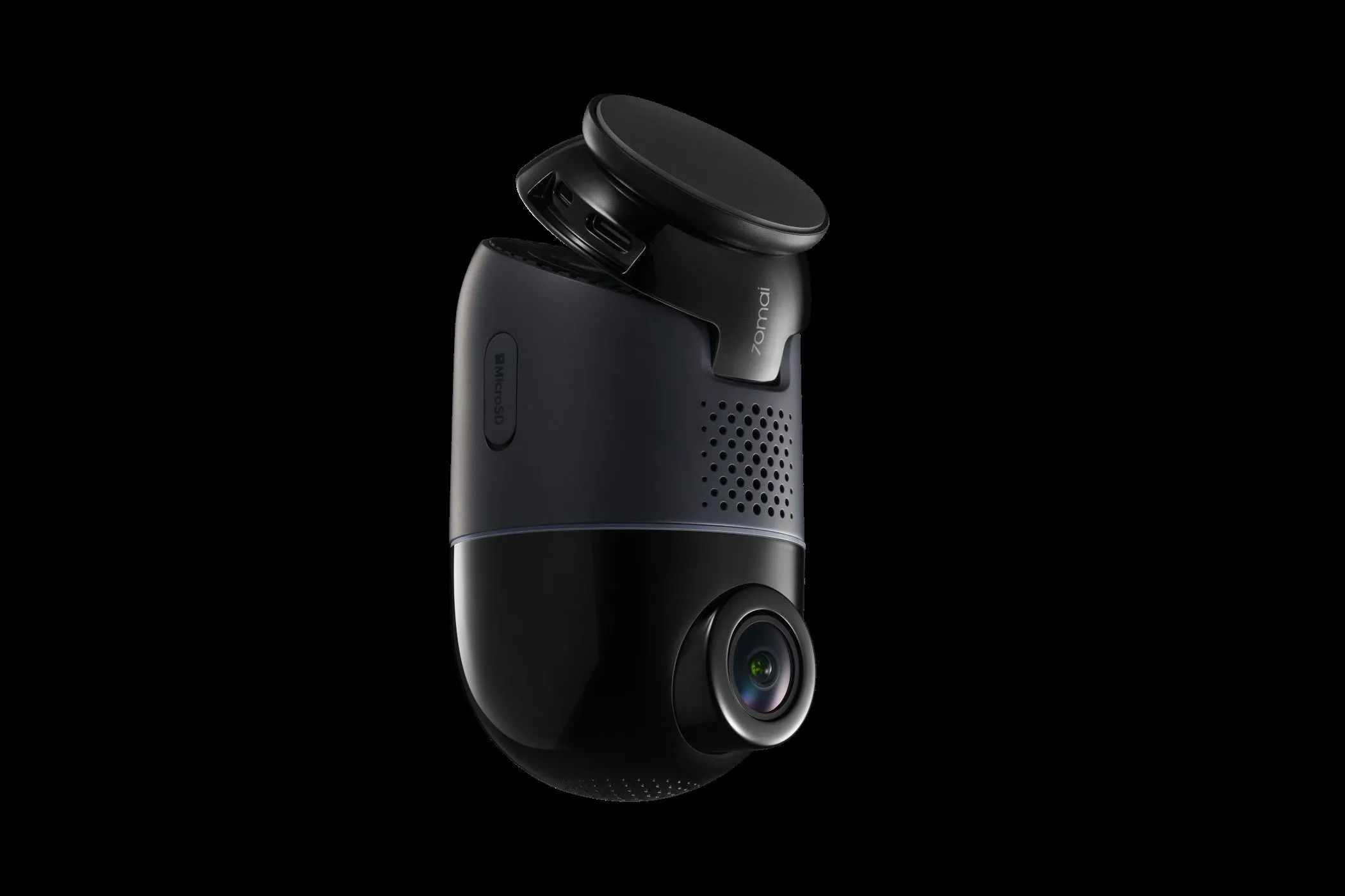Camera hành trình 70mai 4K Omni màu đen trên bảng điều khiển ô tô, thể hiện khả năng quan sát toàn cảnh 360 độ
