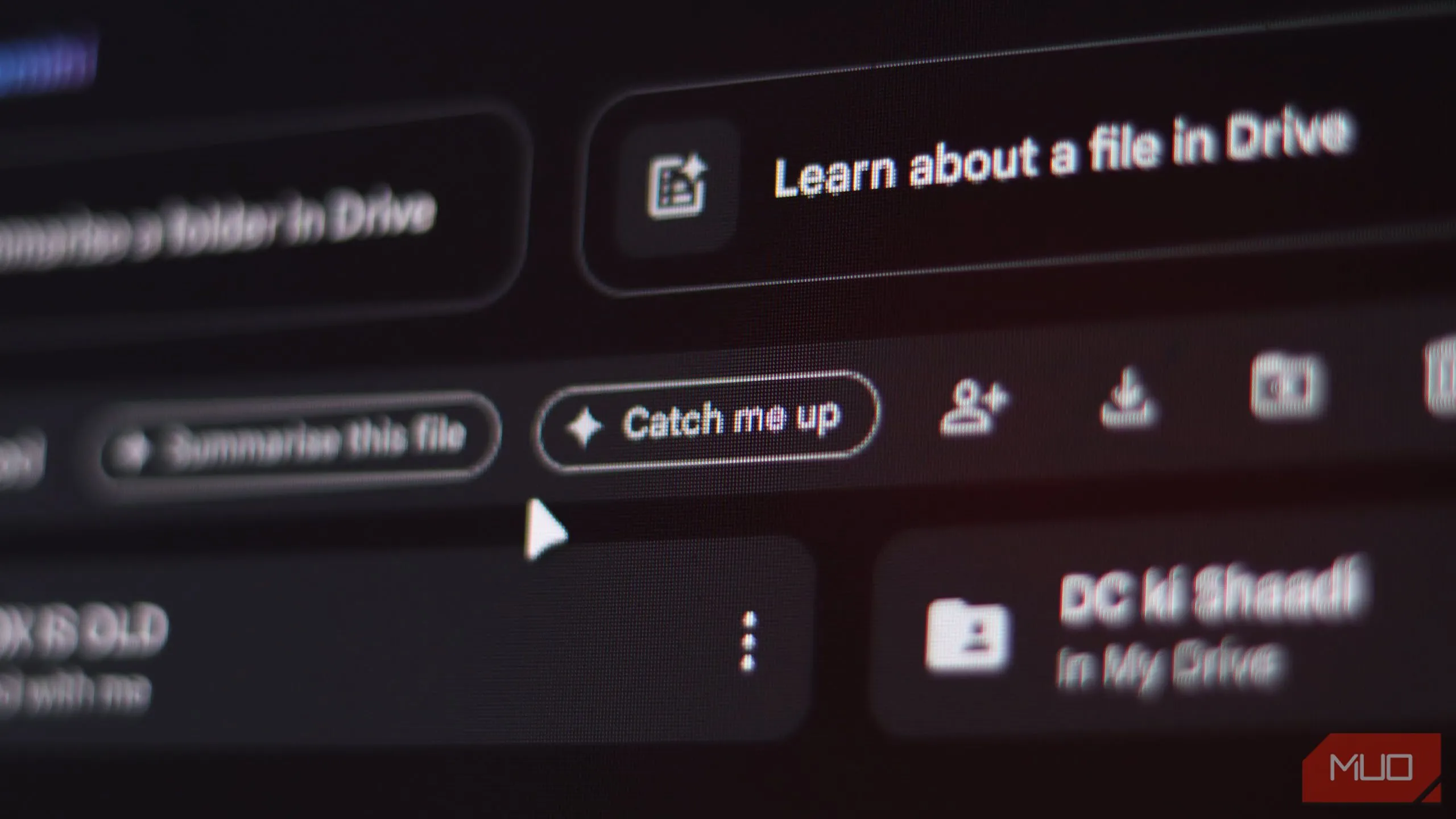 Cận cảnh nút 'Catch me up' trên thanh tùy chọn của Google Drive, cho phép tóm tắt nhanh thay đổi.
