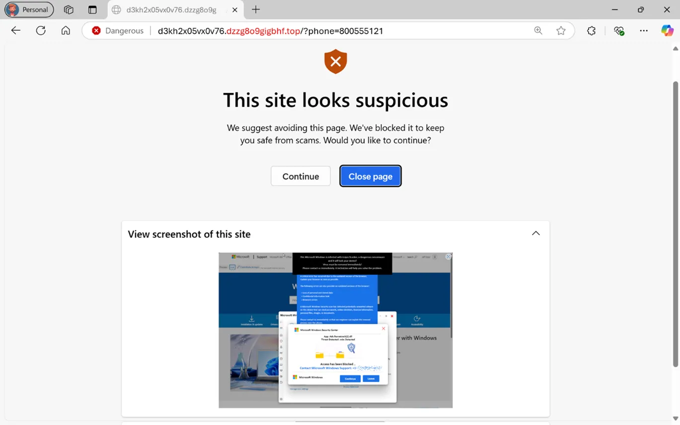 Cảnh báo từ tính năng chặn scareware của Microsoft Edge hiển thị tùy chọn đóng trang hoặc tiếp tục, không kèm số điện thoại hỗ trợ.