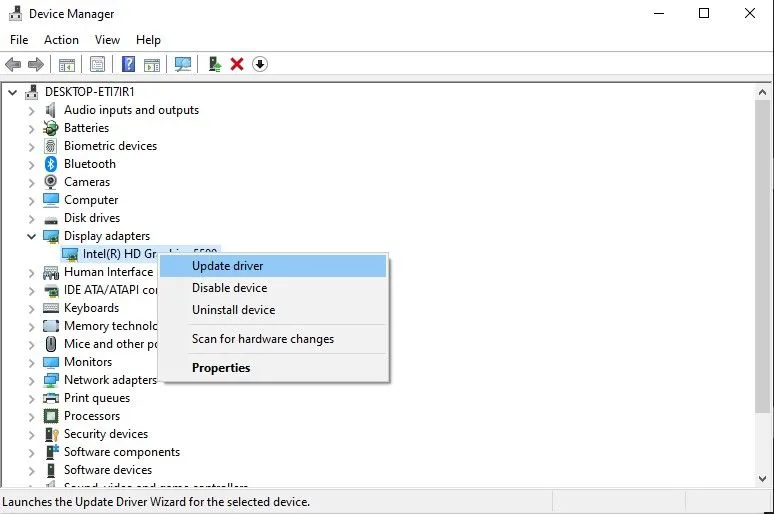 Cập nhật driver thiết bị trong quản lý thiết bị Windows