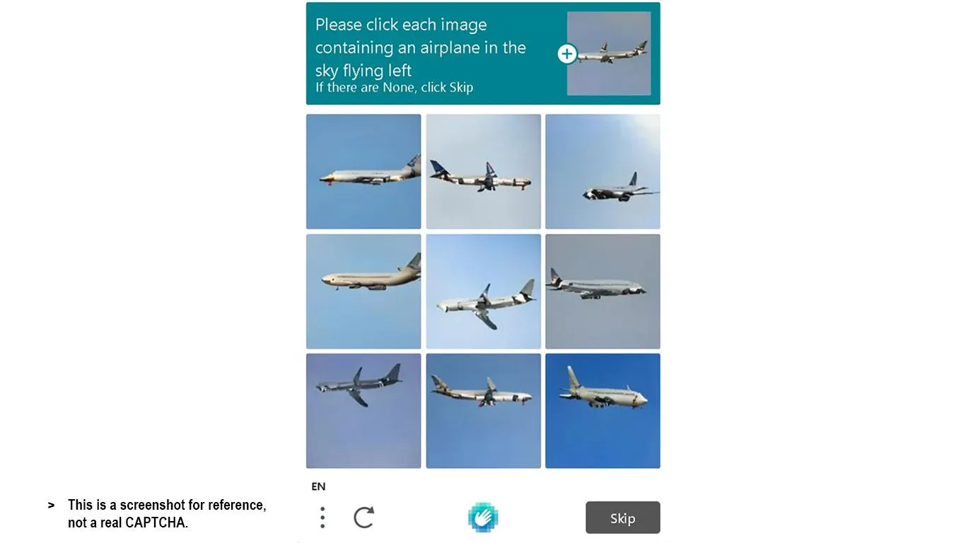 CAPTCHA với hình ảnh máy bay bay sang trái
