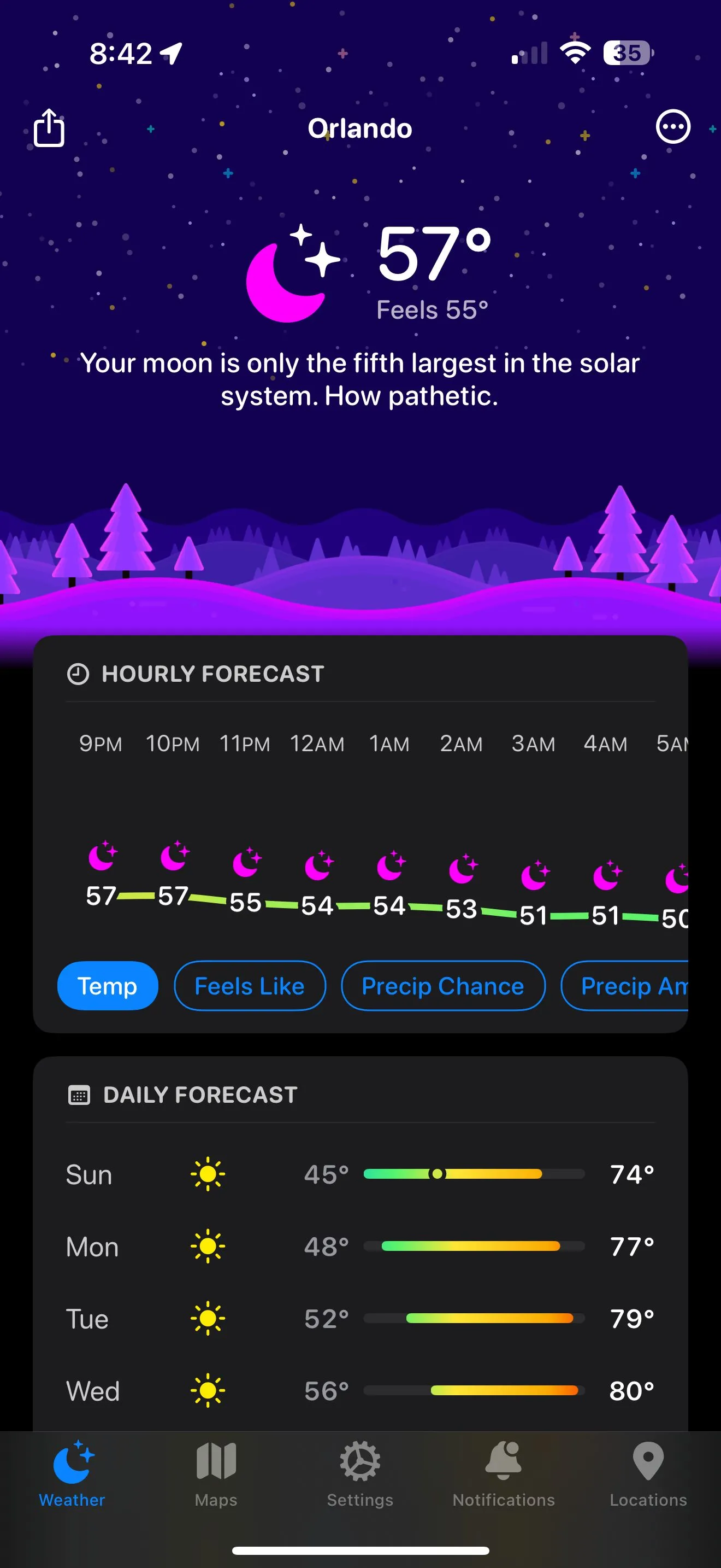 Carrot Weather hiển thị dự báo thời tiết châm biếm ở Orlando trên iPhone