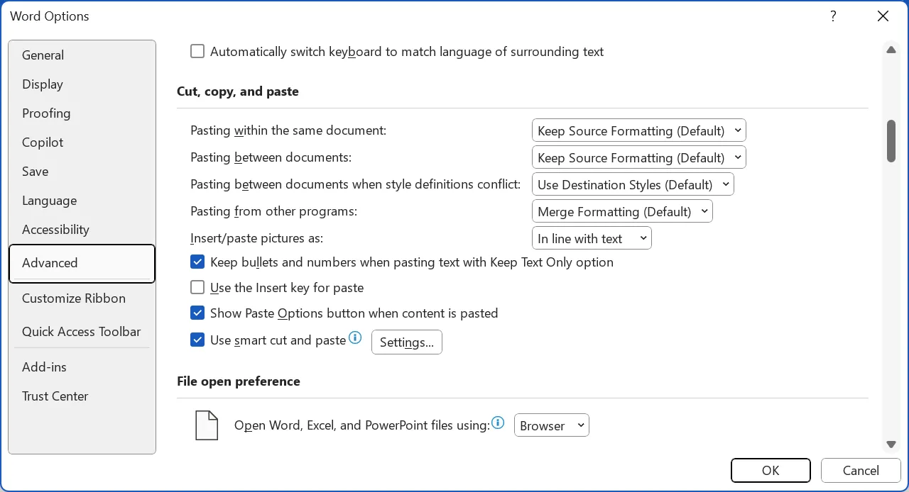 Cấu hình các tùy chọn dán mặc định trong cài đặt nâng cao của Microsoft Word.