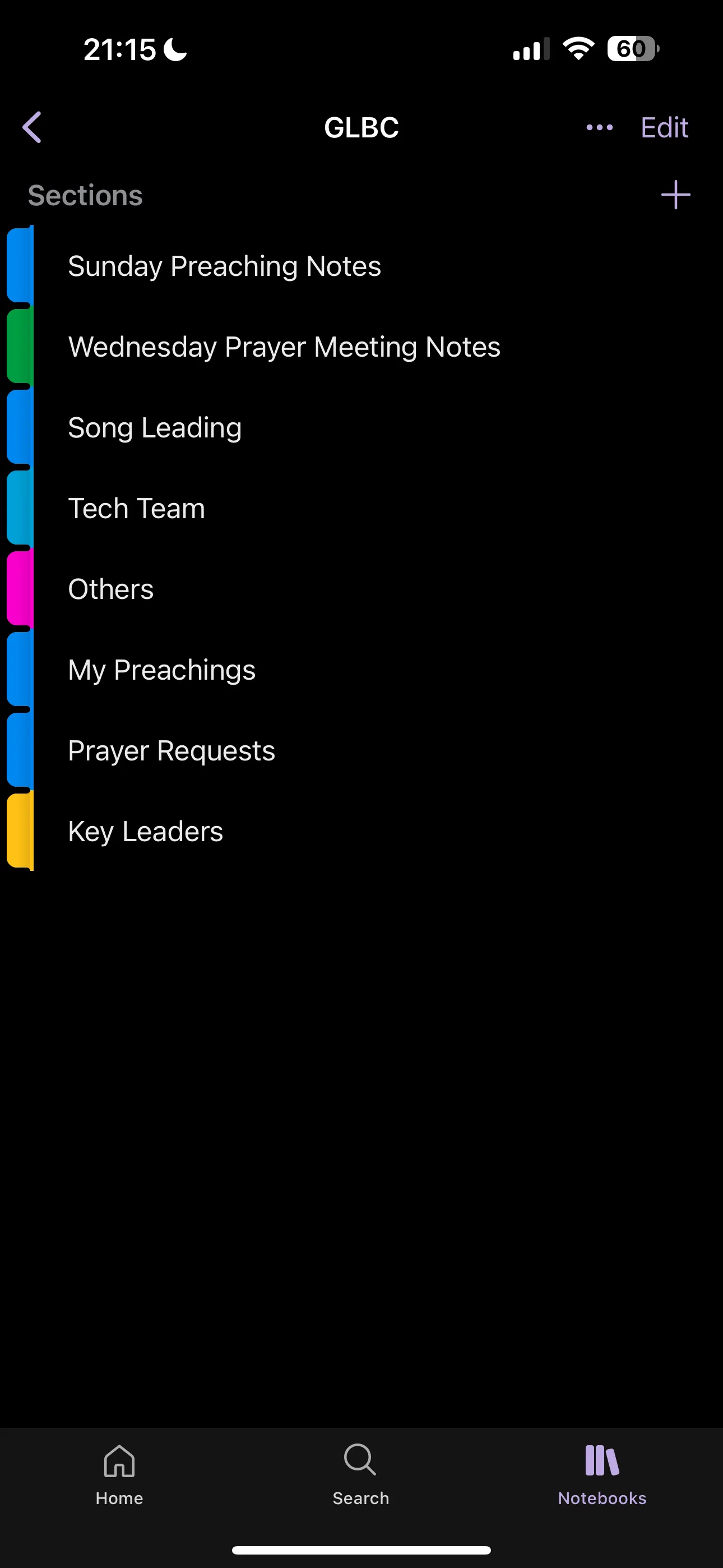 Cấu trúc các phần và trang trong một sổ ghi chú OneNote, thể hiện khả năng tổ chức của ứng dụng