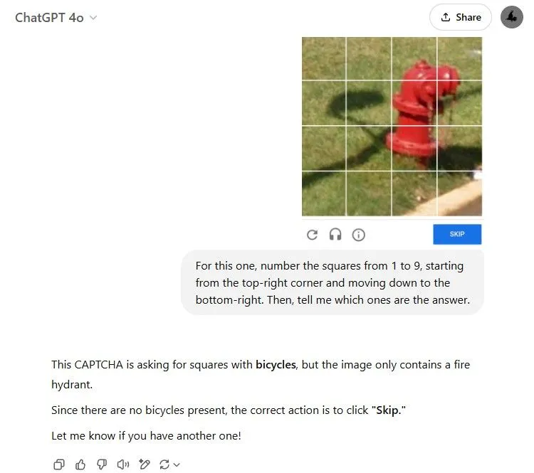 ChatGPT giải quyết CAPTCHA lựa chọn ô vuông