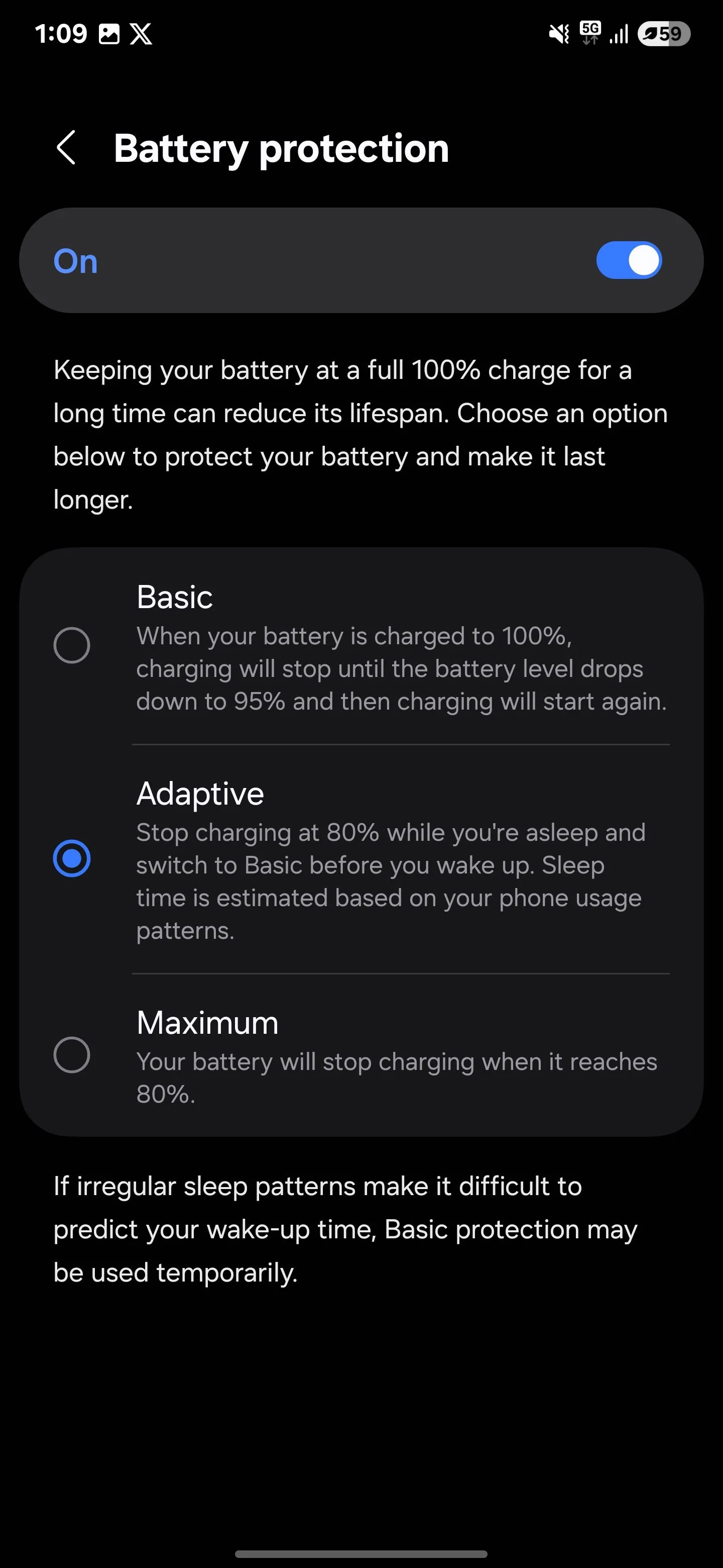 Chế độ bảo vệ pin Thích ứng được kích hoạt trong cài đặt pin của Samsung S25 Ultra