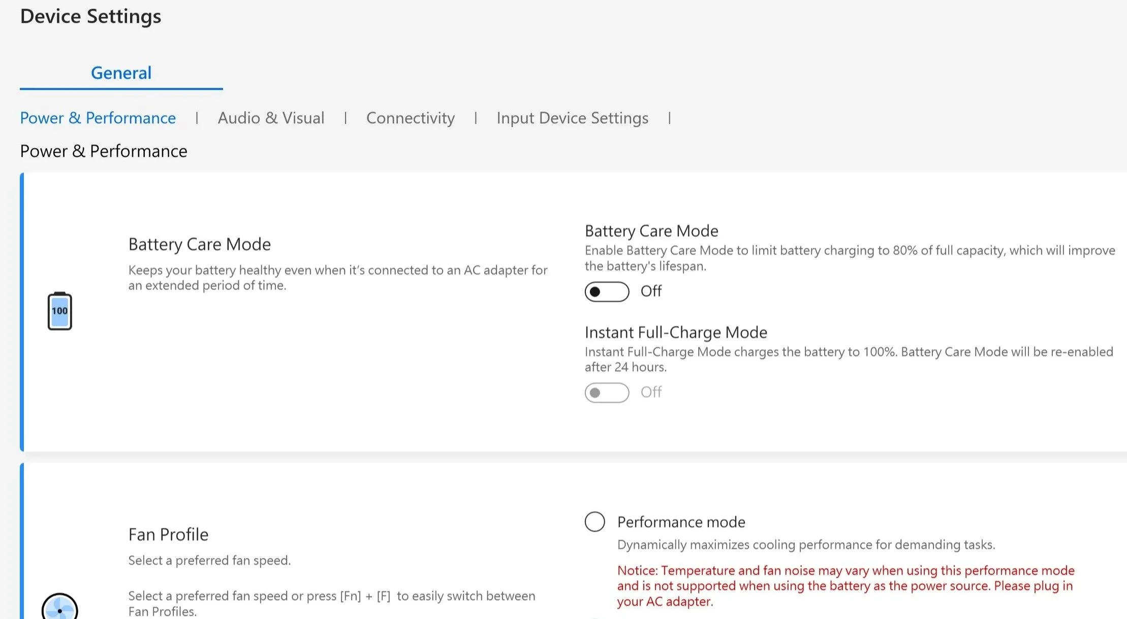 Chế độ Chăm sóc Pin (Battery Care Mode) trong mục Cài đặt Thiết bị của ứng dụng MyAsus