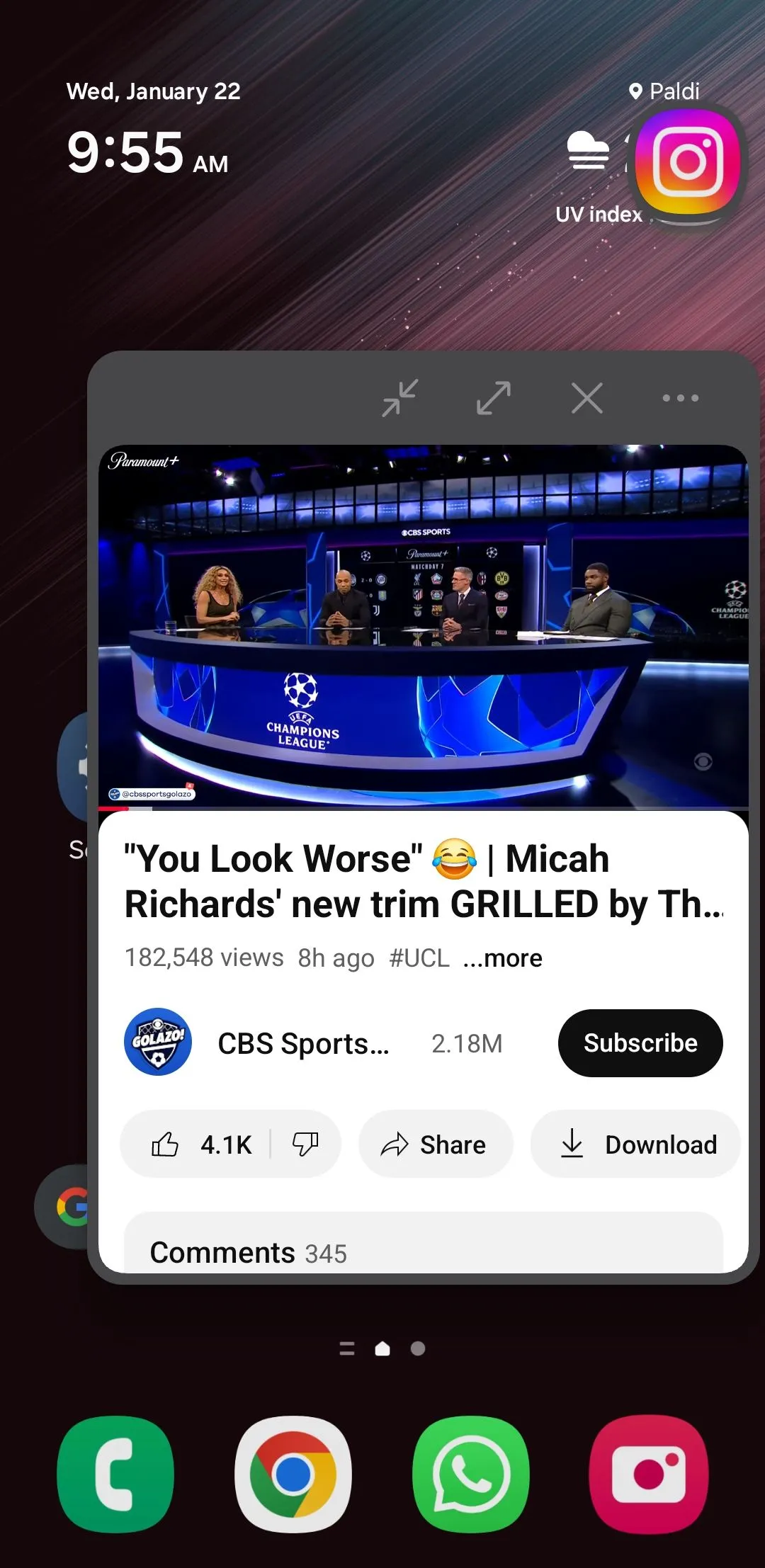 Chế độ PiP (ảnh trong ảnh) hiển thị YouTube trên điện thoại Samsung, minh họa tính năng đa nhiệm pop-up view