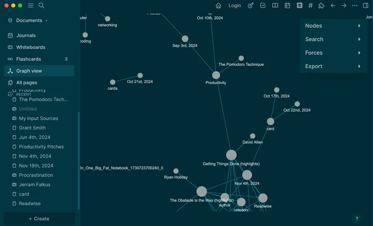 Chế độ xem biểu đồ (Graph View) trong Logseq, thể hiện các mối liên kết giữa những ghi chú về năng suất