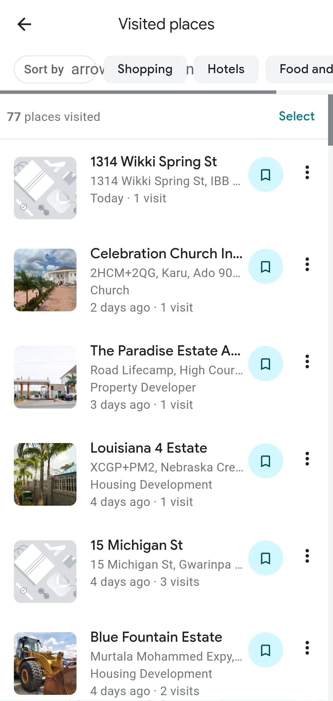 Chế độ xem các địa điểm đã ghé thăm trên Google Maps Timeline, hiển thị lịch sử di chuyển chi tiết của người dùng.